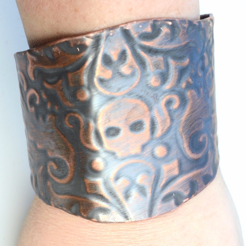 Embossed Skull Solid Copper Biker Cuff Bracelet - image 2